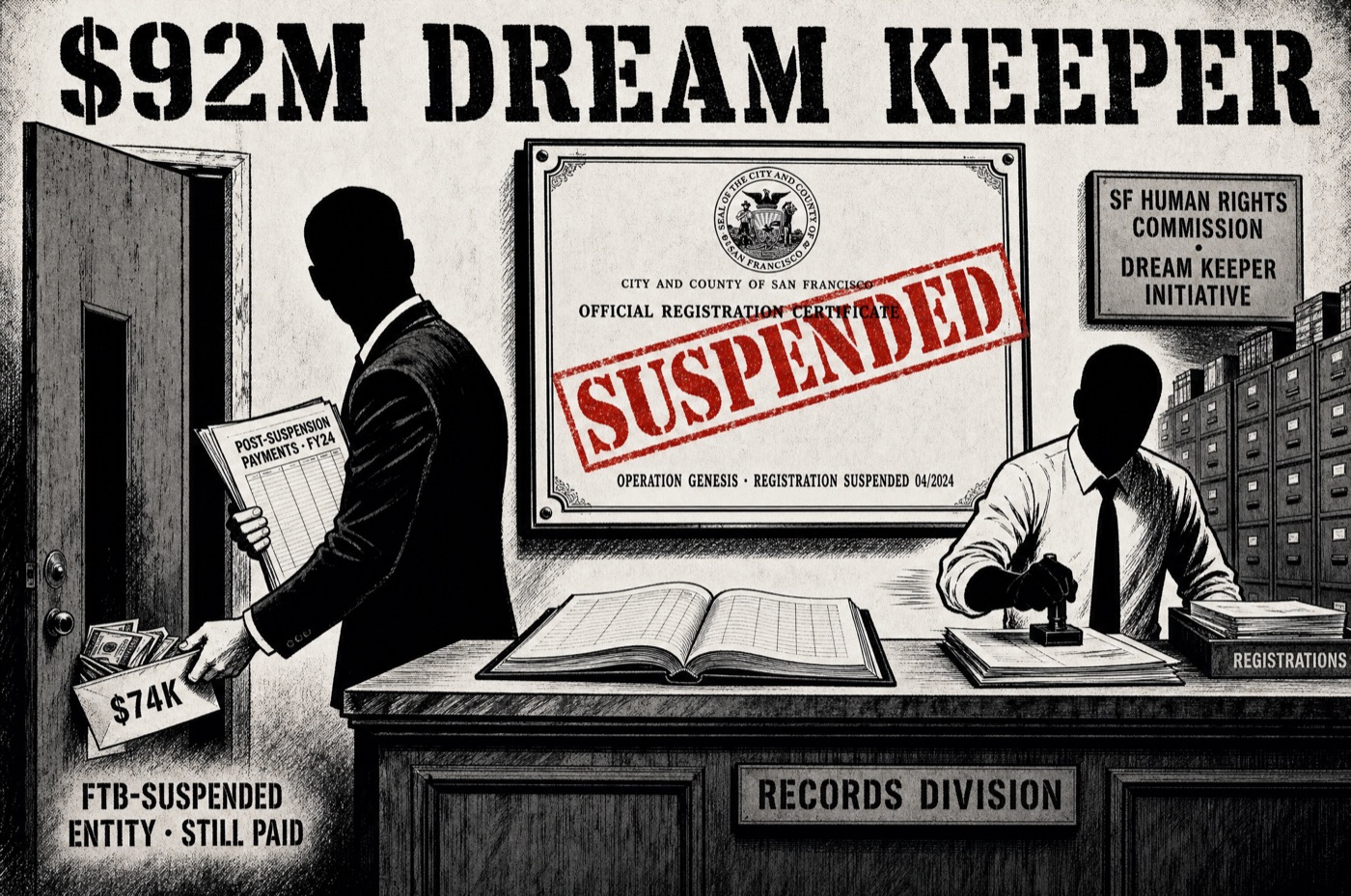 Dream Keeper Initiative: a SUSPENDED certificate hangs unread while city cash slips through a side door to the same nonprofit